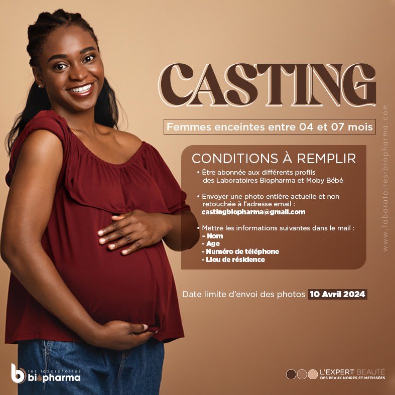 🚨Alerte Casting🚨: Pour des besoins publicitaires, nous recherchons des femmes enceintes de 04 à 07mois. Si vous êtes intéressés, veuillez nous contacter comme précisé sur l'affiche. #Casting #YourBeautyOurDuty