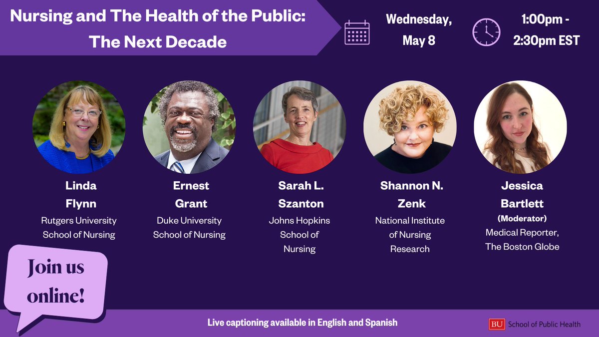 Register for Nursing and The Health of the Public: The Next Decade on May 8th from 1-2:30pm. This discussion will reflect on the current challenges facing nurses in the United States, including staffing shortages and burnout. bu.edu/sph/conversati…