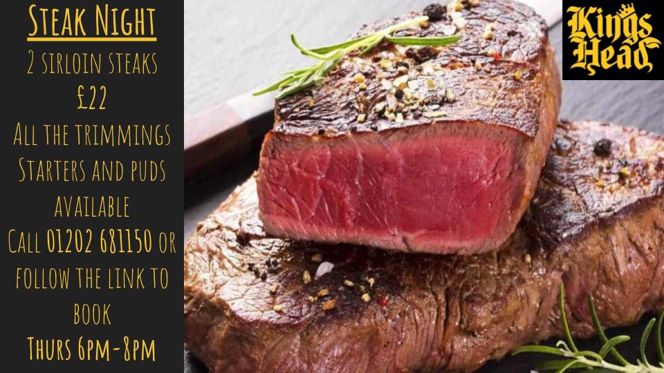 KingsHeadPoole's tweet photo. Whats up guys n gals!
Tonight is steak night and there's still some availability for that or Sunday is the roast dinner day, and if you're quick you MIGHT get in for that.
Info for both on pics below!!!!!
#KingsHeadPoole #LovePoole #LetsGoOut_BH #SteakNight #SundayRoast https://t.co/URm0Ev5sYG