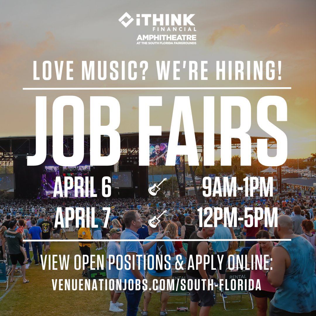 💥 THIS WEEKEND!💥 Stop by our #JobFairs on Saturday, April 6 or Sunday, April 7 here at iTHINK Financial Amphitheatre! If you're looking for a fun side hustle, this is the place to be! Apply now: venuenationjobs.com/south-florida/… #Hiring #WestPalmBeach #Jobs #SideHustle