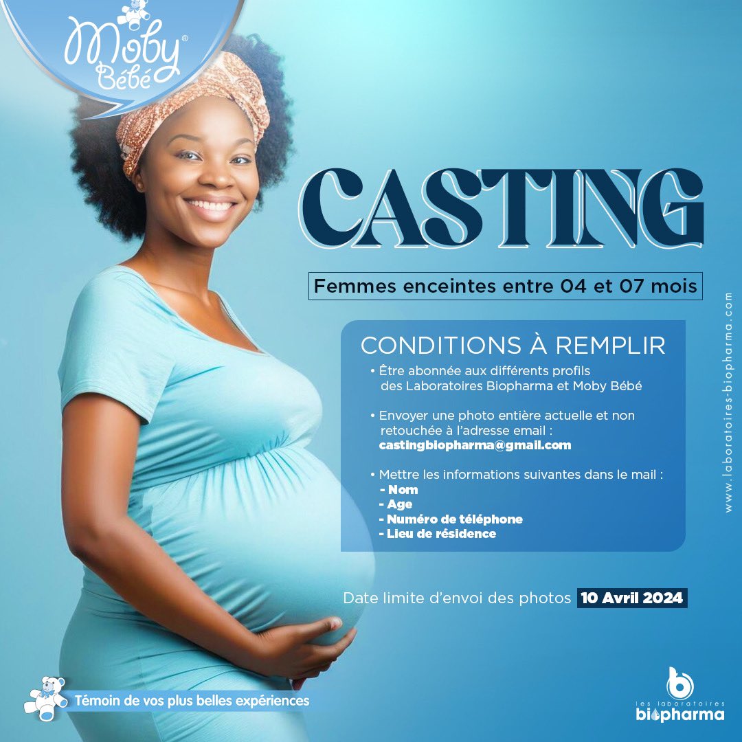 MobyBebe_Bio's tweet photo. 🚨Alerte Casting🚨: Pour des besoins publicitaires, nous recherchons des femmes enceintes de 04 à 07mois. Si vous êtes intéressés, veuillez nous contacter comme précisé sur l'affiche. #Casting #YourBeautyOurDuty https://t.co/ptgVkWeGvj