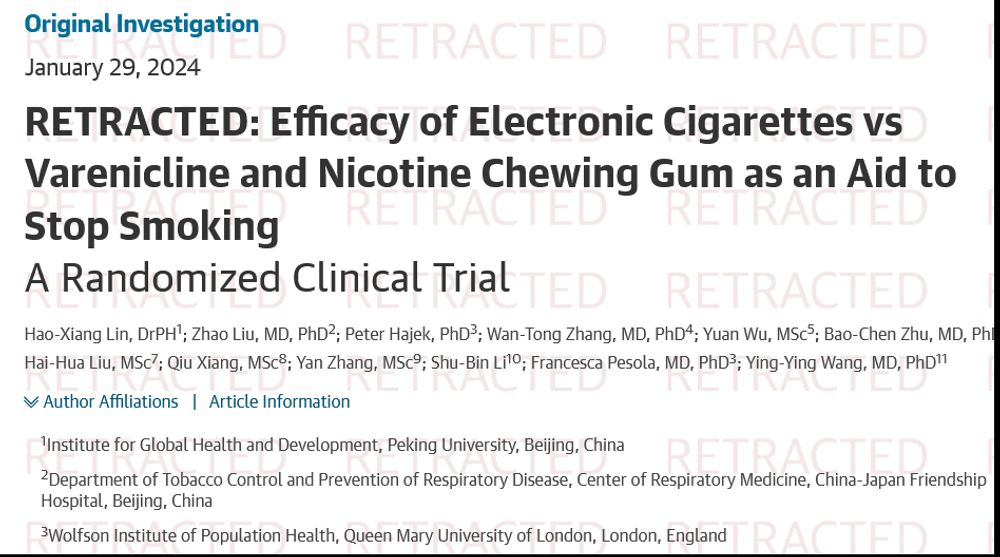 Retraction of clinical trial claiming to demonstrate equivalence of e-cigarettes with varenicline and superiority over nicotine gum for smoking cessation.
jamanetwork.com/journals/jamai…