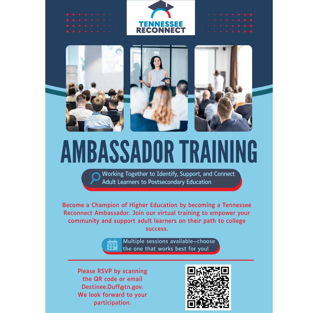 Tennessee Reconnect (@tnreconnect) on Twitter photo Join us for a training opportunity to become a TN Reconnect Ambassador! Learn to empower adults in your community to pursue their college dreams. Spread the word and invite your colleagues to join! Register now for one of three virtual sessions:  ow.ly/2RGk50R8t41 Join us for a training opportunity to become a TN Reconnect Ambassador! Learn to empower adults in your community to pursue their college dreams. Spread the word and invite your colleagues to join! Register now for one of three virtual sessions:  ow.ly/2RGk50R8t41