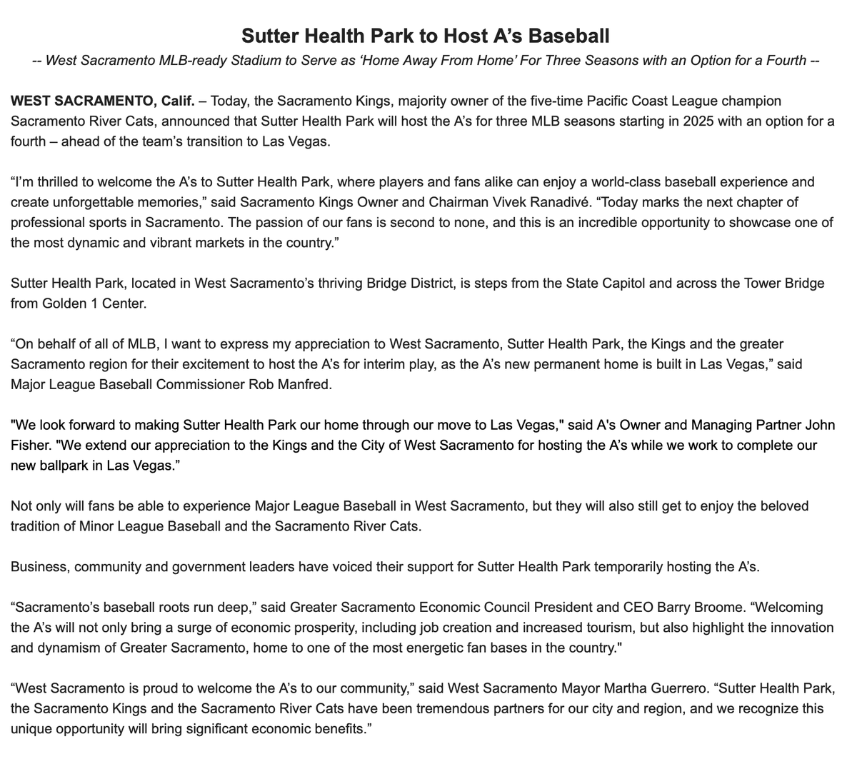 The A's are moving to Sacramento from 2025-27, with an option to play there a 4th year, according to an announcement. They're planning to be done in Oakland after this season, their 57th in the city.