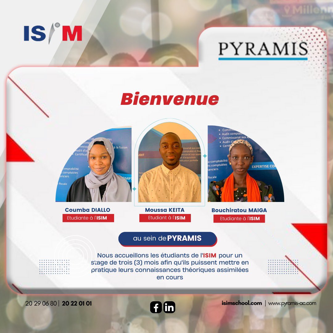 ISIMSCHOOL's tweet photo. Chers abonnés,

Nous sommes ravis de vous annoncer que notre partenaire fidèle, Pyramis Audit &amp; Conseil, ouvre à nouveau ses portes pour accueillir nos étudiants en fin de cycle Licence pour un stage enrichissant de 3 mois.

#ISIM #ElitesISIM #Pyramis https://t.co/0IDhQKzH2k