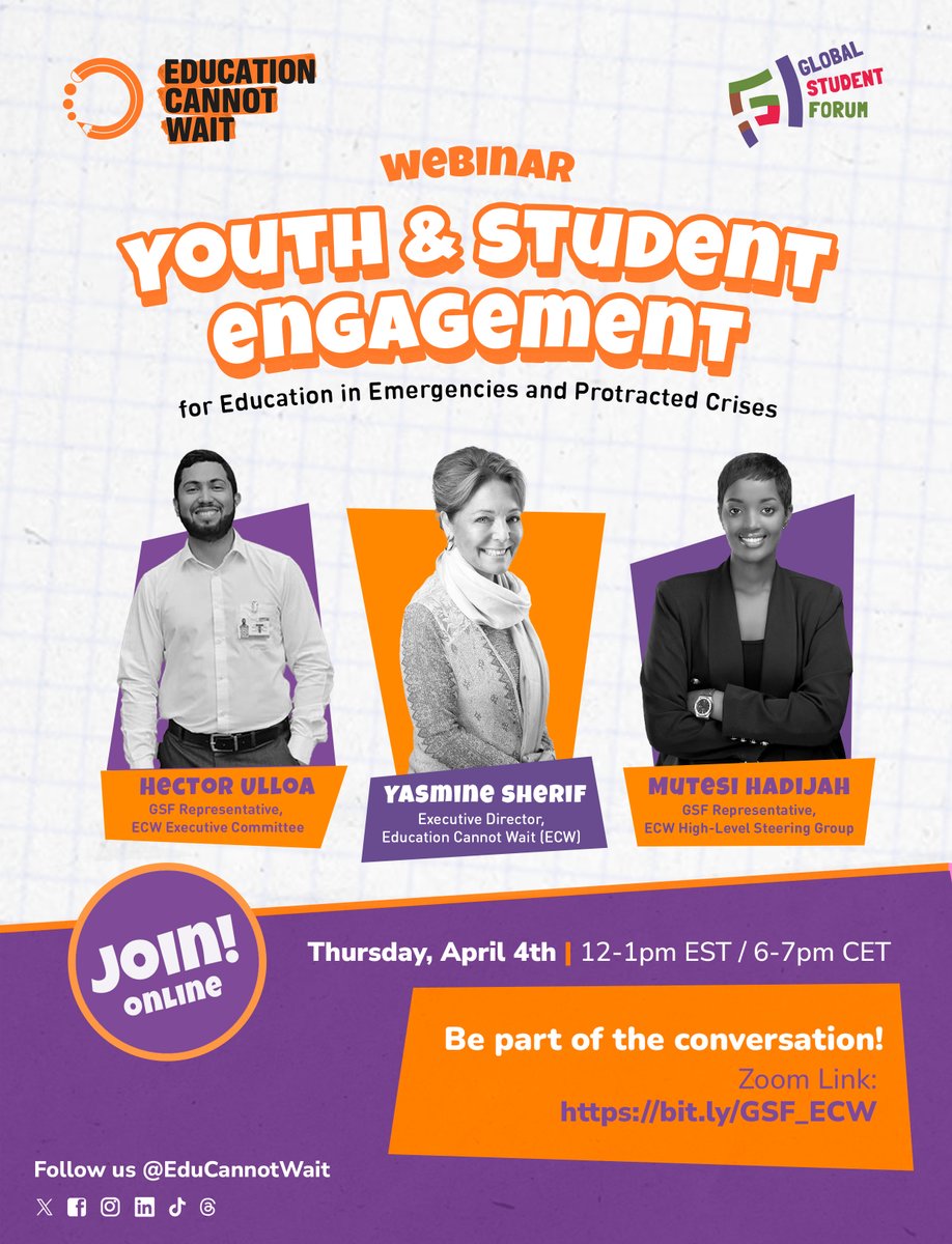 Happening in 1⃣ hour! Join #ECW ExDir @YasmineSherif1 & @GlobalStuForum Reps to @EduCannotWait's #HLSG & ExCom @HectorUlloahn+@MutesiHadijah1 at the 1st Youth & Student Engagement for #EiEPC Webinar! 🗓️4 April ⏰12-1pm EST/6-7pm CET 💻 educationcannotwait.org/news-stories/f… @UN