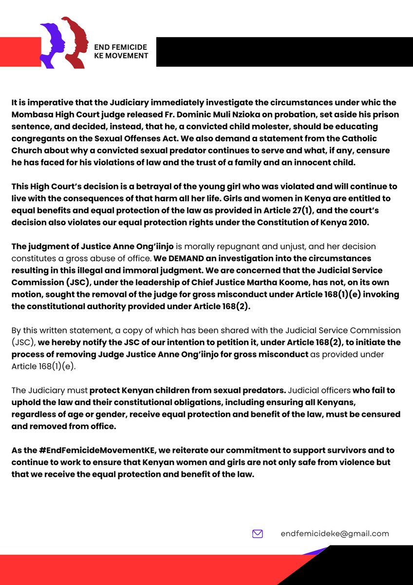 EndFemicideKe (@endfemicideke) on Twitter photo We strongly condemn the decision of the High Court; it is contrary to the Sexual Offences Act, which, in Section 11, says that any person found guilty of inappropriately touching a child must go to jail for at least 10 years.  #TotalShutDownKE #EndFemicideKE  #WeAreNotSafe We strongly condemn the decision of the High Court; it is contrary to the Sexual Offences Act, which, in Section 11, says that any person found guilty of inappropriately touching a child must go to jail for at least 10 years.  #TotalShutDownKE #EndFemicideKE  #WeAreNotSafe