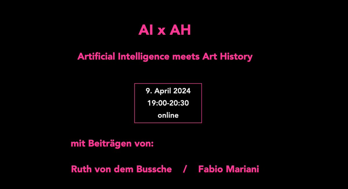 we are back! For #TagderProvenienzforschung 2024, meet #PLW2024 speaker Ruth von dem BUSSCHE and Fabio MARIANI (talk in English) on „AI x AH“ / #ArtificialIntelligence meets #ArtHistory Tuesday, April 9, 2024, 19:00–20.30, online Link: blog.arthistoricum.net/beitrag/2024/0…