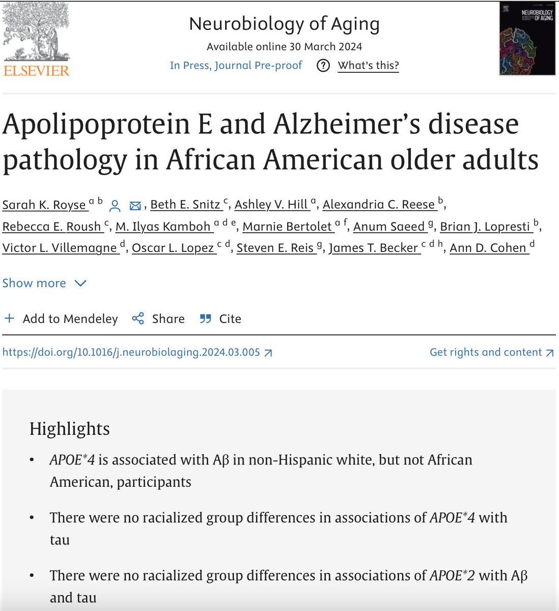 New publication in Neurobiology of Aging: We compare associations of #APOE4 and #APOE2 with brain #amyloid and #tau deposition between African American and non-Hispanic white populations. Link: sciencedirect.com/science/articl…