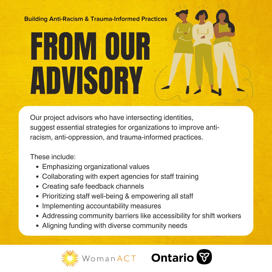 We've been fortunate to have invaluable guidance from our project advisors for the 'Building Anti-Racism & Trauma-Informed Practices' project. They've provided essential strategies to enhance anti-racism, anti-oppression, & trauma-informed practices within organizations.