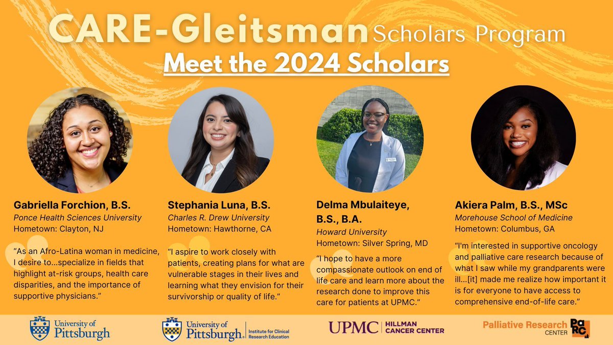Announcing our 2024 CARE-Gleitsman Scholars! Thank you to our partners at @PittICRE, @UPMCHillmanCC, and @PittGIM Section of Palliative Care & Medical Ethics for their support in making this program possible.
