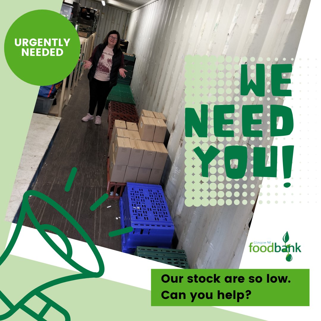 Our stock are very low at the moment. Over the last few months we have been busier than ever and we would appreciate if you could help us. Our service is bringing relief and dignity to people in crisis. Please get in touch on info@glasgowne.foodbank.org.uk Thank you very much! 💚