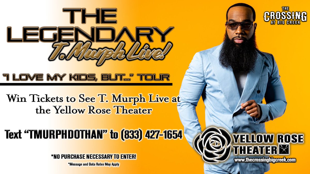 Want to win tickets to see @tmurph on Sat., April 13 at the Yellow Rose Theater? TODAY IS THE LAST DAY... Text 'tmurphdothan' to (833) 427-1654 for your chance to win... NO PURCHASE NECESSARY TO ENTER! Must be at least 18 years of age! Winners selected tomorrow, April 5.