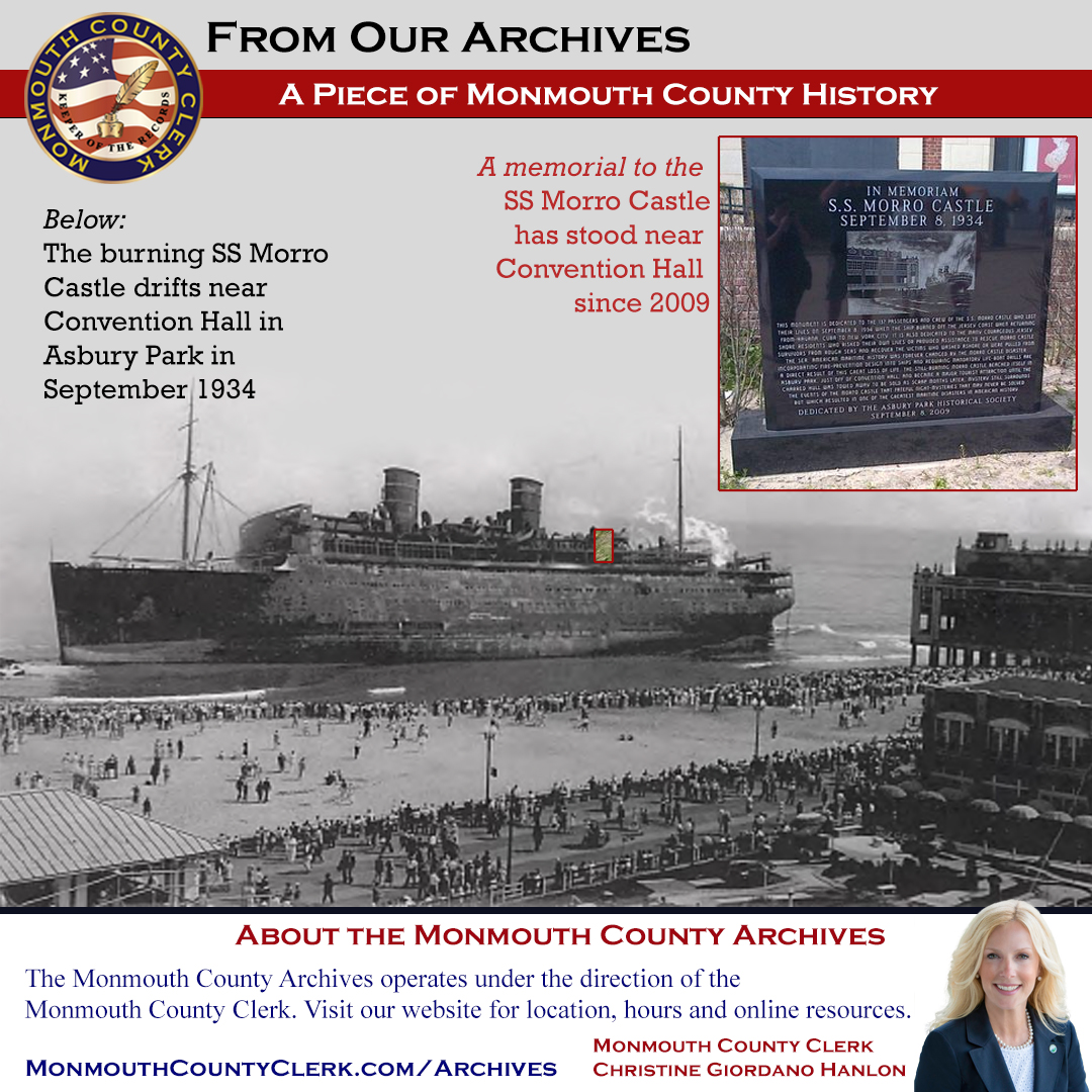 #ThrowbackThursday: In September 1934, the SS Morro Castle was ablaze as it drifted toward Convention Hall in #AsburyPark. The ill-fated cruise ship claimed the lives of 134. A monument stands near #ConventionHall as a memorial to this maritime disaster.