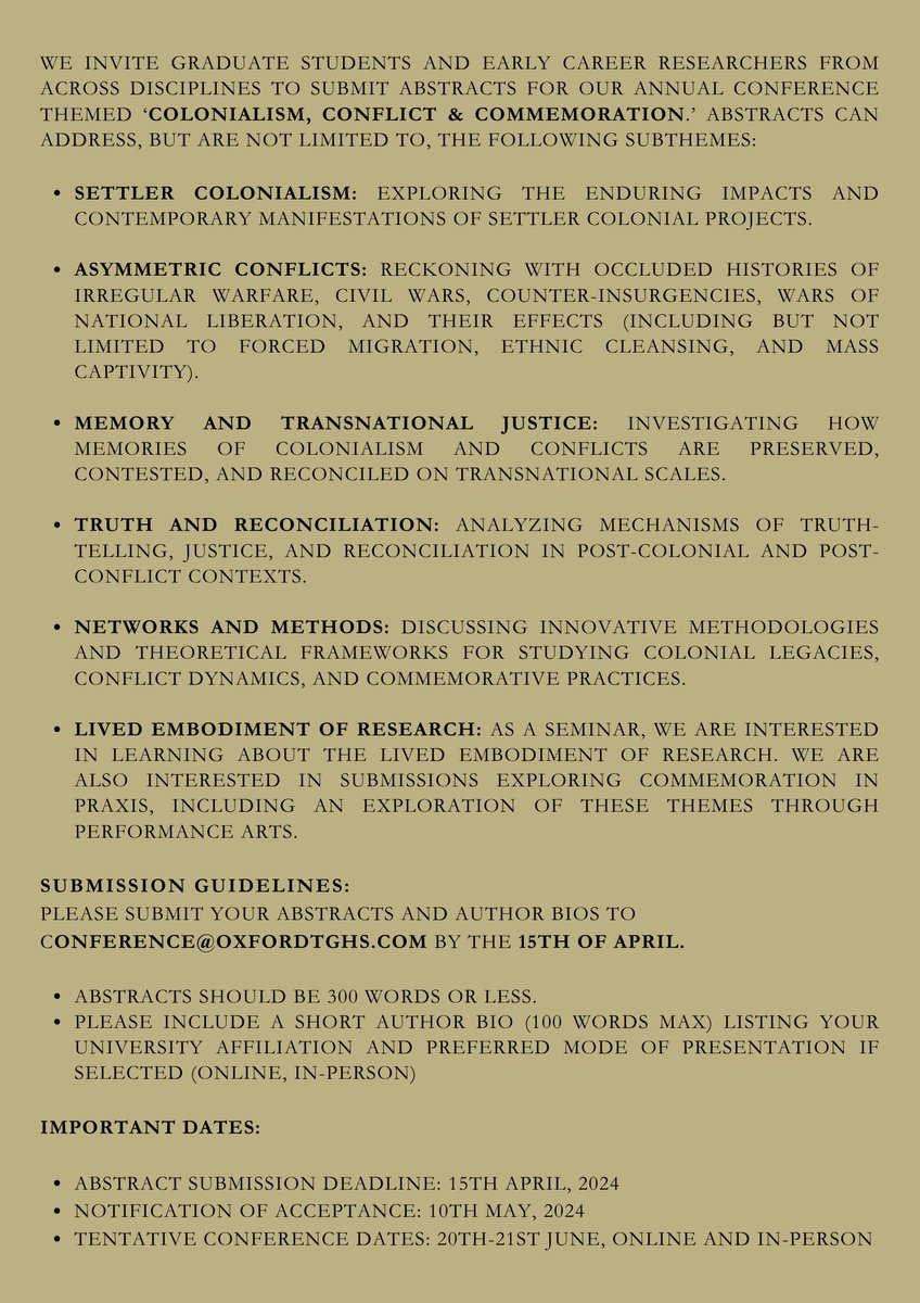 ⚡️Call for Papers ⚡️ COLONIALISM, CONFLICT & COMMEMORATION Oxford Transnational & Global History Annual Graduate Conference Many thanks to @OxfordTGHS for organising! 🔗oxfordtghs.com/conference