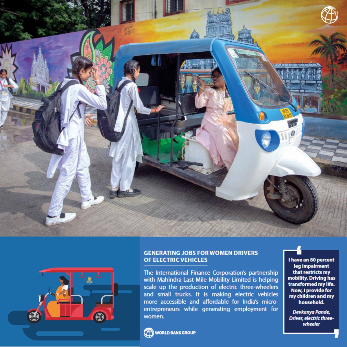 An IFC - International Finance Corporation project is helping make electric vehicles more accessible and affordable for #India’s microentrepreneurs while generating employment for #women like Devkanya. Know more: wrld.bg/OkAM50QSCJt