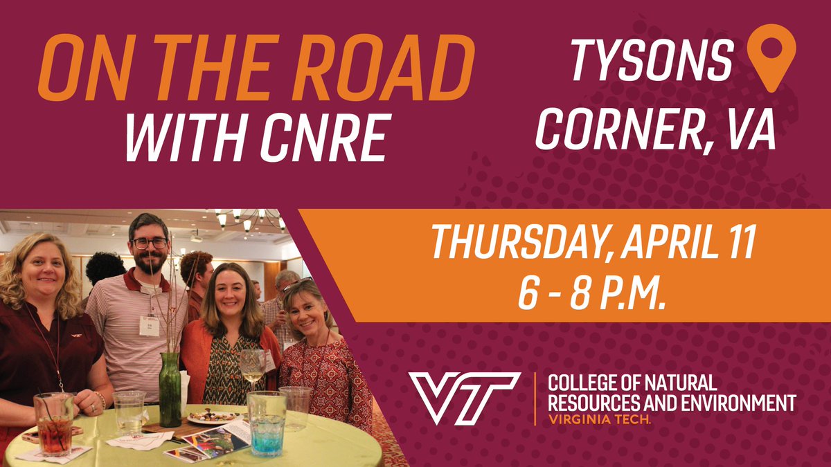 If you live in the D.C. area, CNRE will be On the Road and coming to Tysons Corner, VA, on April 11 from 6 to 8 p.m. Register at aimsbbis.vt.edu/ontheroad for a great evening of networking, Maggiano's food, more! I We hope to see you there! @vtfrec @vt_fishwild @vtsbio