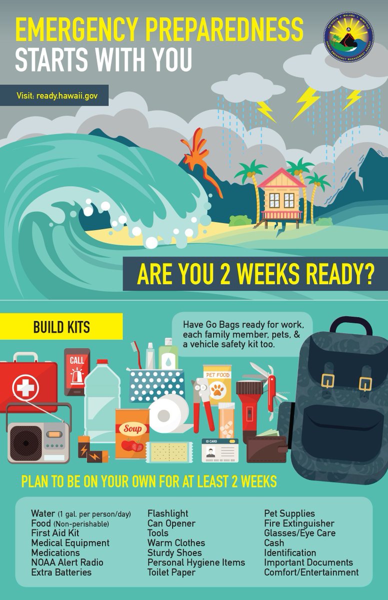 As a part of tsunami awareness month, check and make sure you have a go bag and stock of supplies in the event you need to evacuate.

For more info on building a kit: 
buff.ly/3c5Mw4V
buff.ly/3CHQeeU

#tsunamiawarenessmonth #community #ohana #safety #preparedness