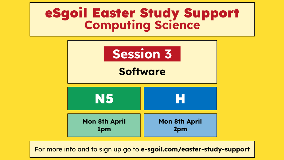 mrneil_CS's tweet photo. One more @eSgoil Easter Study Support session next week, and it's the big one - Software Development.  Still time to sign up via the eSgoil Website. https://t.co/ENDZYMatJM