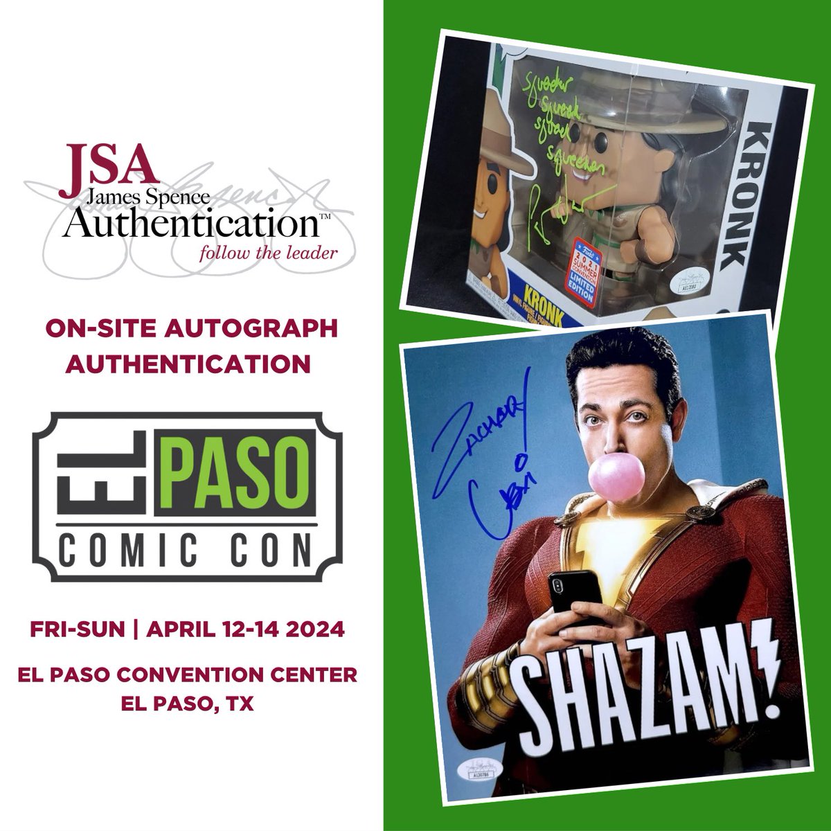 JSA returns to @ElPasoComicCon (April 12-14) to authenticate signatures on-site from the show or items submitted from home. Certification is $10/autograph for any item signed at #elpasocomiccon or submit outside items for fees starting at $20. Stop by the JSA booth after…