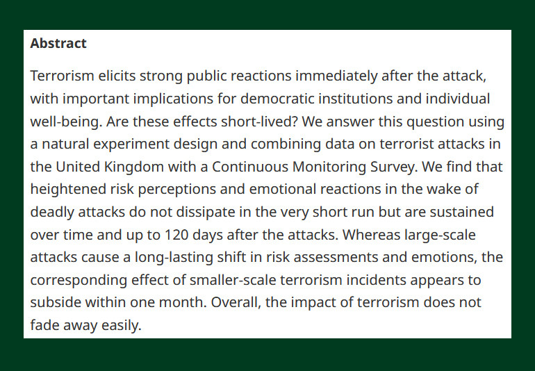 #OpenAccess from our new issue - Are the Effects of Terrorism Short-Lived? - cup.org/3IPUZpJ - @_vincenzobove, @g_efthyvoulou & @harrypickard