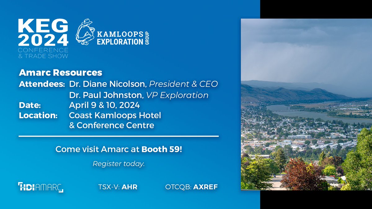 Amarc $AHR.V | $AXREF CEO Dr. Diane Nicolson and VP Exploration Dr. Paul Johnston will be in Kamloops for the 35th KEG Conference & Trade Show on April 9th & 10th, 2024. Come stop by Booth 59 to meet the team! @KamloopsExplora #KEG2024 Register here: hubs.li/Q02rR1LD0