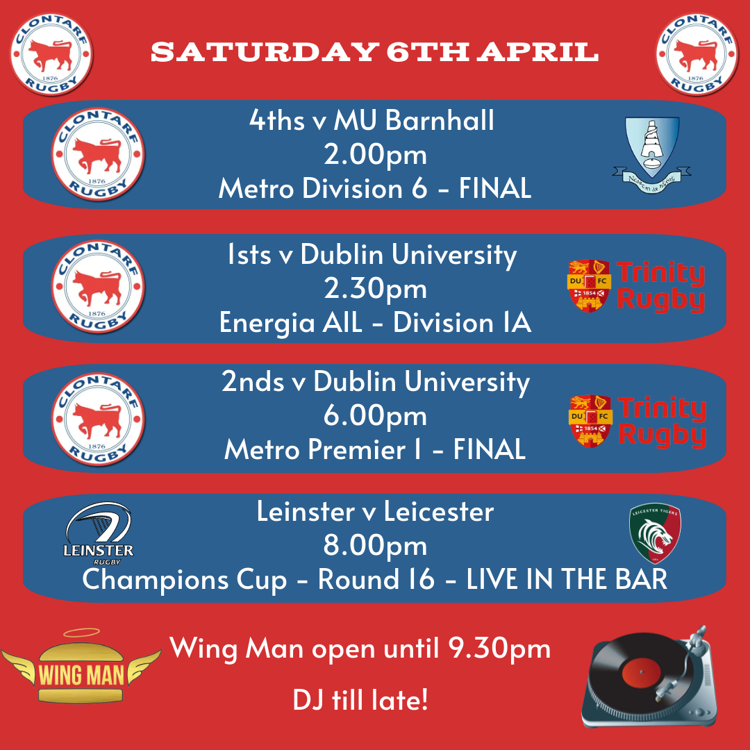 A very exciting day to look forward to on Saturday.  

We have 3 huge games taking place in Castle Avenue, with Champions Cup Rugby live in the bar, a DJ until late and Wing Man serviving top quality food all day.  

We hope to see you in the club!  

#WhoAreWe #ClontarfRugby