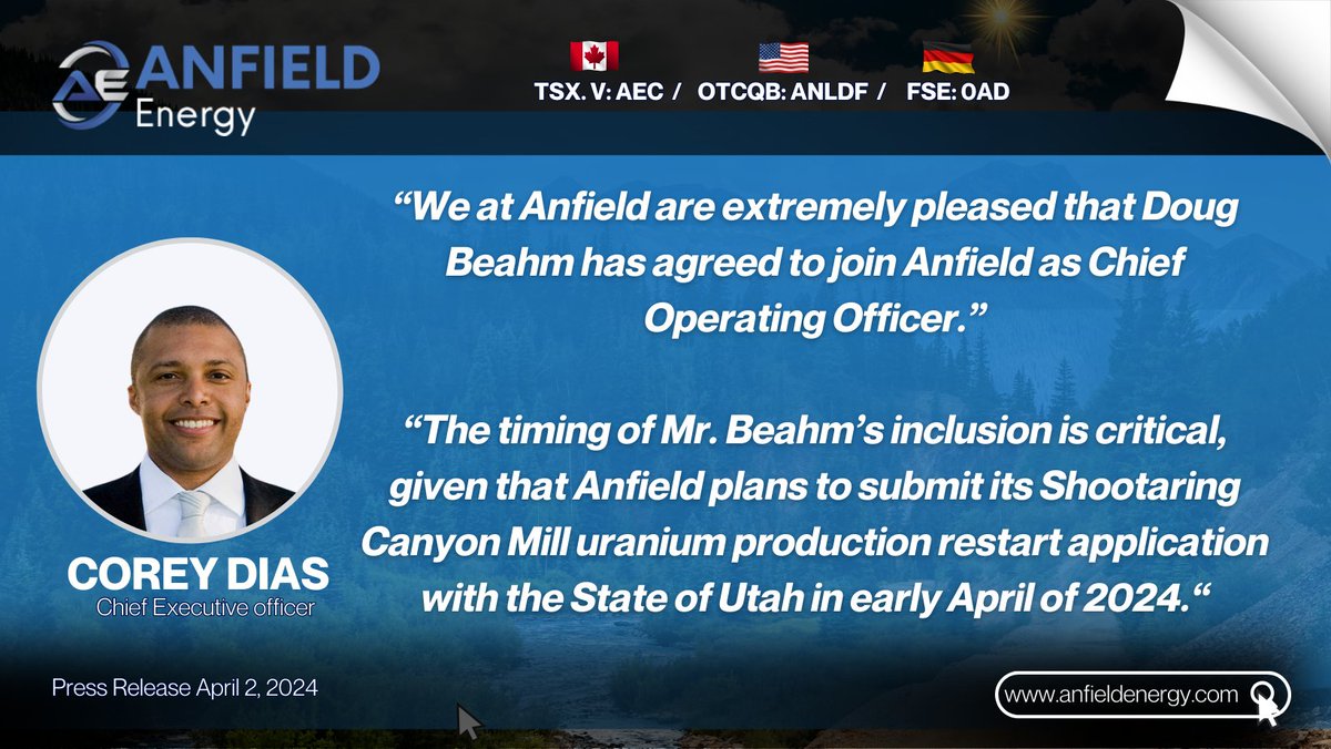 Anfield_Energy's tweet photo. 🇨🇦 $aec 🇺🇸 $anldf 🇩🇪 $OAD #uranium #exploration #nuclearenergy #mining  #DougBeahm #COO #UraniumProduction #USProjects https://t.co/at2mkDQ7Qc