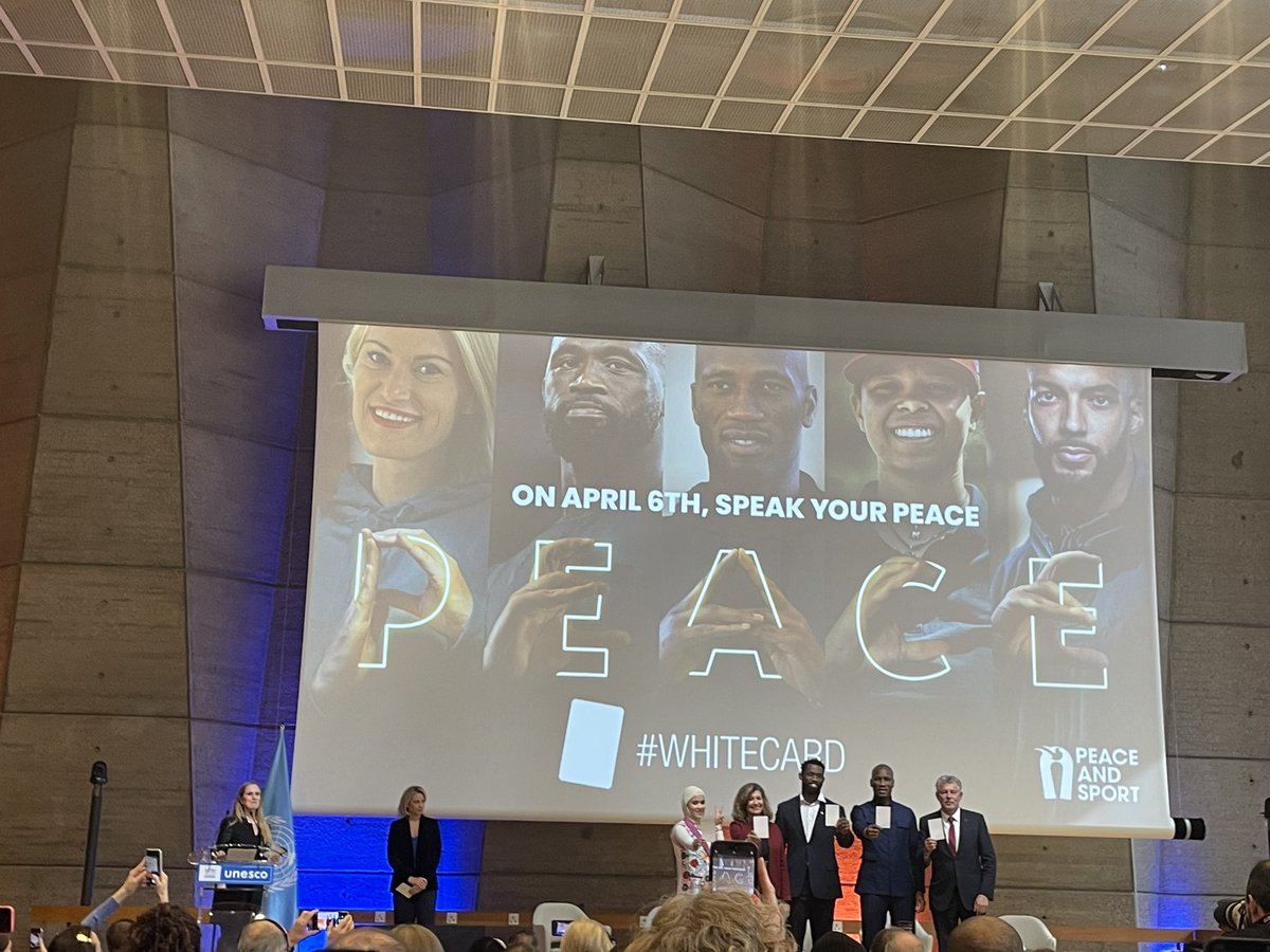 Launch of the #WhiteCard Campaign ahead of the International Day of Sport for Development and Peace 6 April at the @UNESCO Athlete Game on for Peace forum. Athletes Didier Drogba, Masomah Ali Zada, and Siya Kolisi with @gabramosp and @peaceandsport