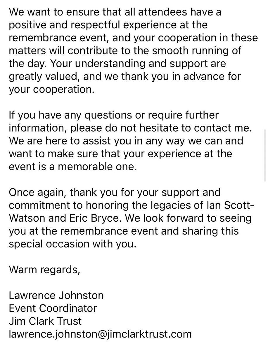 Ian Scott-Watson & Eric Bryce Remembrance - Arrival Reminder Lawrence Johnston Event Coordinator Jim Clark Trust lawrence.johnston@jimclarktrust.com