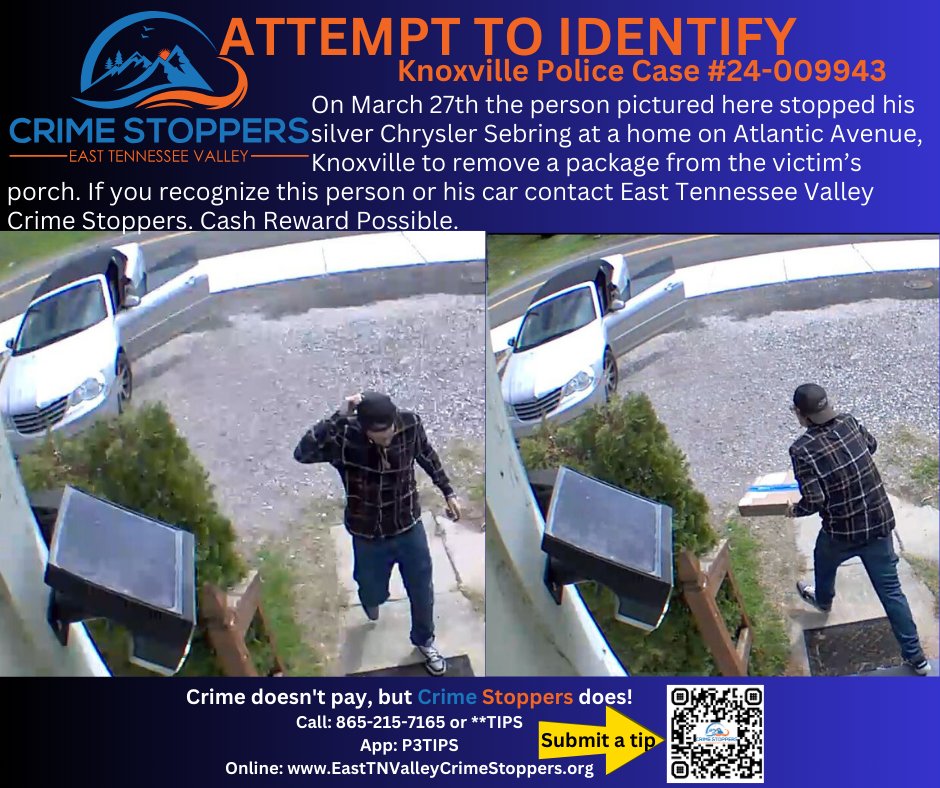 tn_crime's tweet photo. Do you recognize this person or his car? He is a suspect in a #porchpirate #theft on Atlantic Ave in Knoxville. If you know who he is remain #anonymous and contact East Tennessee Valley Crime Stoppers. Your tip may = a cash reward.

#CrimeStoppers @Knoxville_PD https://t.co/klkEjaeQCi