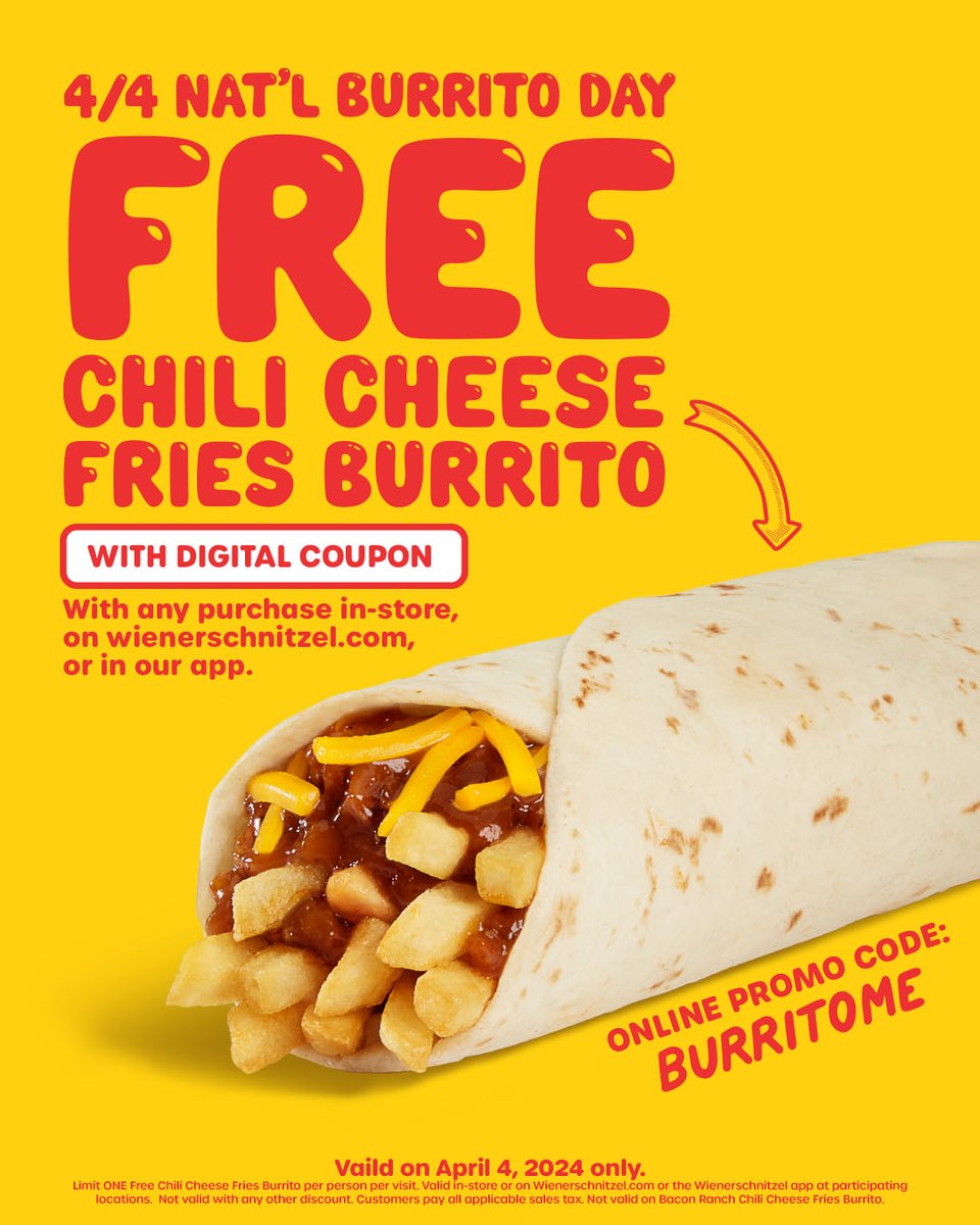 🥳 Ring in #nationalburritoday with a FREE Chili Cheese Fries Burrito with any purchase 🍟🌯 Get the digital coupon at bit.ly/3U2Auwj