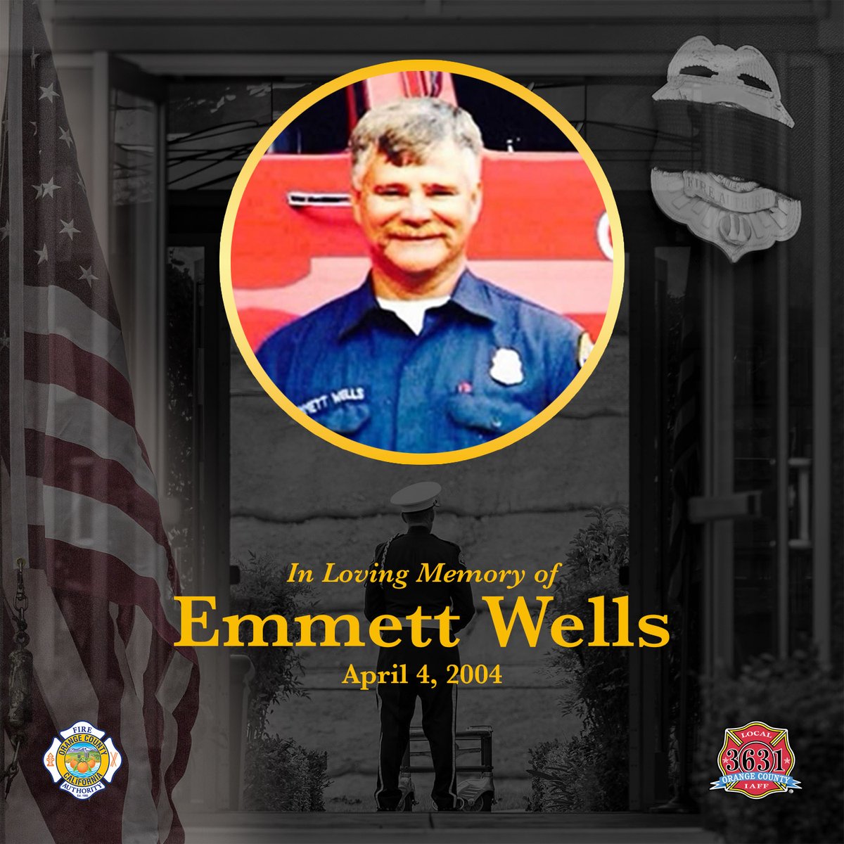 The Orange County Fire Authority and Orange County Professional Firefighters Local 3631 honor the life and service of Fire Apparatus Engineer Emmett Wells on this anniversary of his Line of Duty Death on April 4, 2004. Emmett and his family are forever in our hearts.