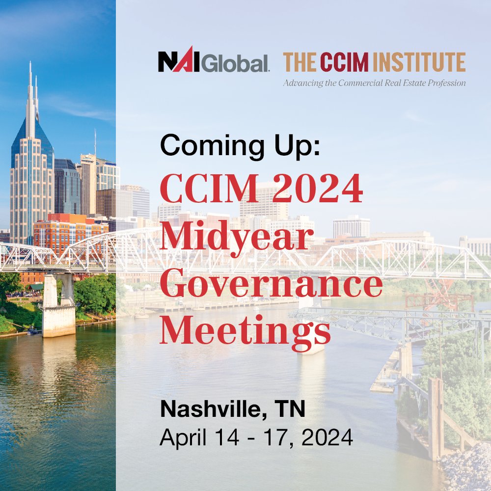 Meet NAI professionals at the #CCIM 2024 Midyear Governance Meetings in Nashville, TN, April 14-17. These meeting provide members of The CCIM Institute with opportunities to connect with other members & participate in shaping CCIM's future. Find out more: 1l.ink/RVPSNZR