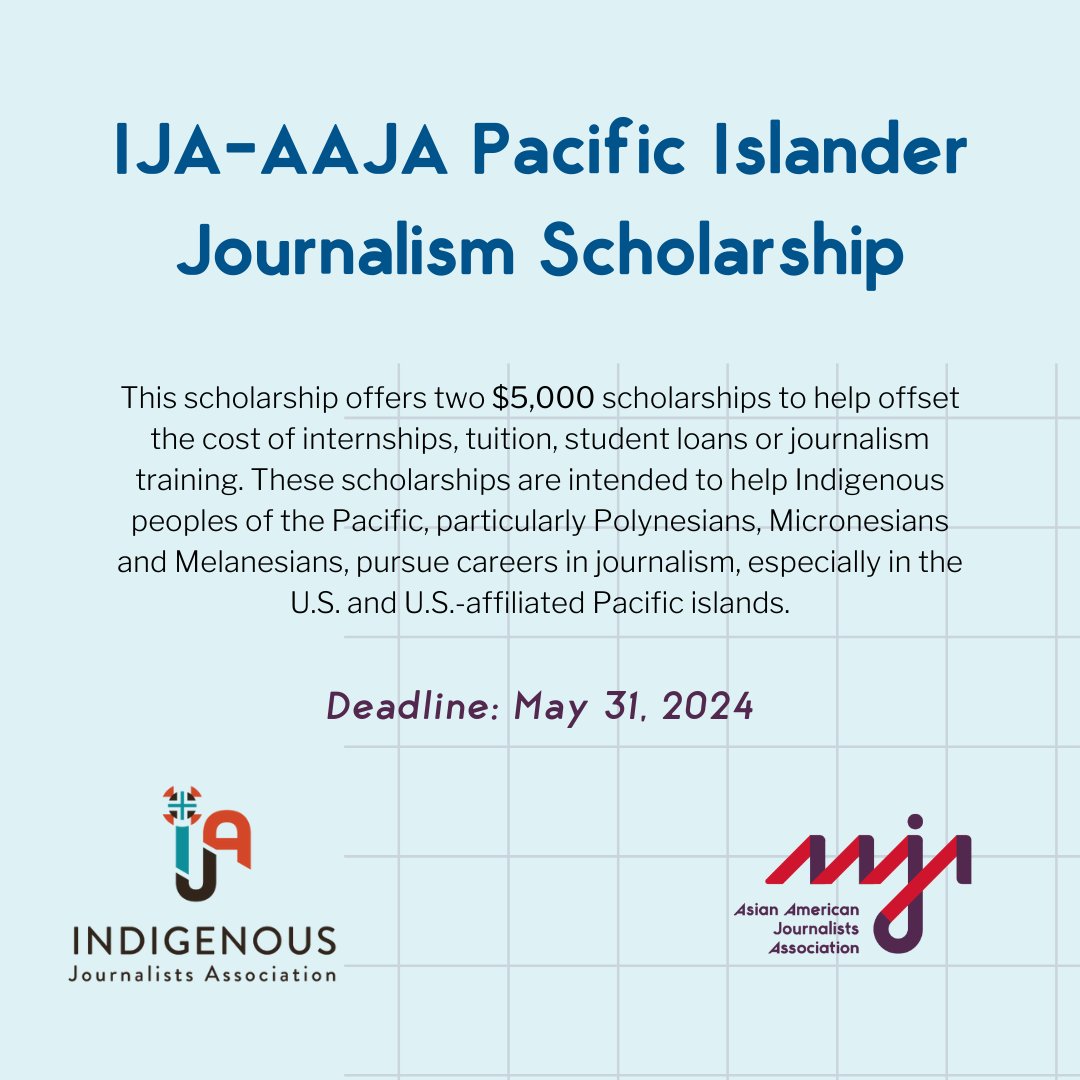 📅 AAJA and IJA (@IndigenousJA) are accepting applications for the 2024 IJA-AAJA Pacific Islander Journalism Scholarship! AAJA and IJA offer two $5,000 scholarships to support Indigenous and Pacific Islander journalists. Deadline to apply: Friday, May 31. bit.ly/aajaijascholar…