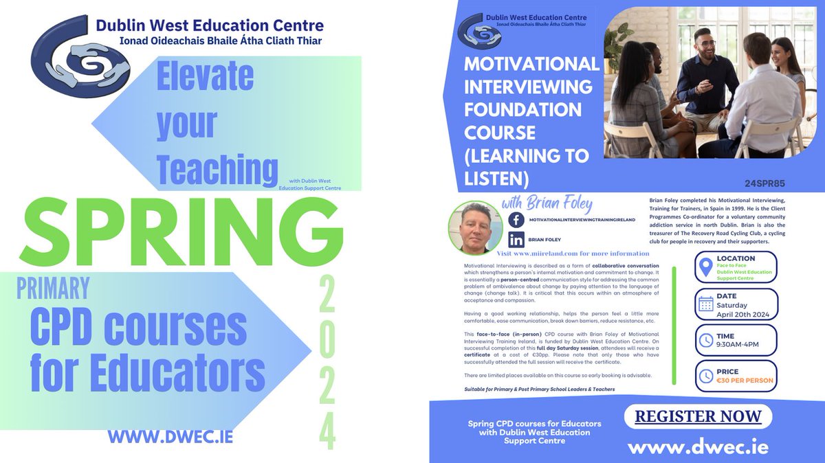 A great course for Primary HSCL Coordinators, School Leaders and Teachers! This face-to-face (in-person) CPD course with Brian Foley of Motivational Interviewing Training Ireland, is funded by Dublin West Education Centre. ⭐Register your place via dwec.ie