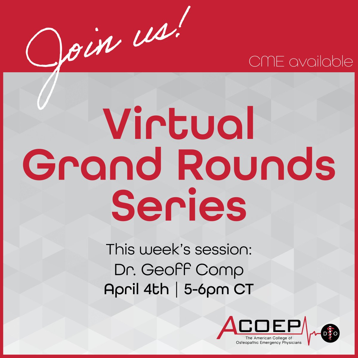 Once again, thrilled to have Dr. Geoff Comp live on our next Virtual Grand Rounds webinar tonight at 5pm CT. Register before 1pm to get the link to the webinar. We hope you can join us! ow.ly/xjlW50PSzBm