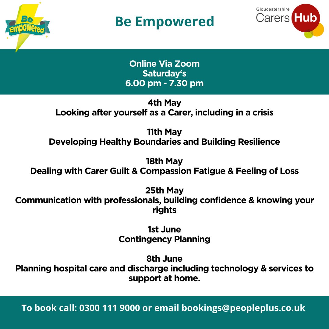 Be Empowered is being delivered online over a series of Saturday's during May and June.

To book call 0300 111 9000 or email bookings@peopleplus.co.uk

#carers #unpaidcarers #carerawareglos