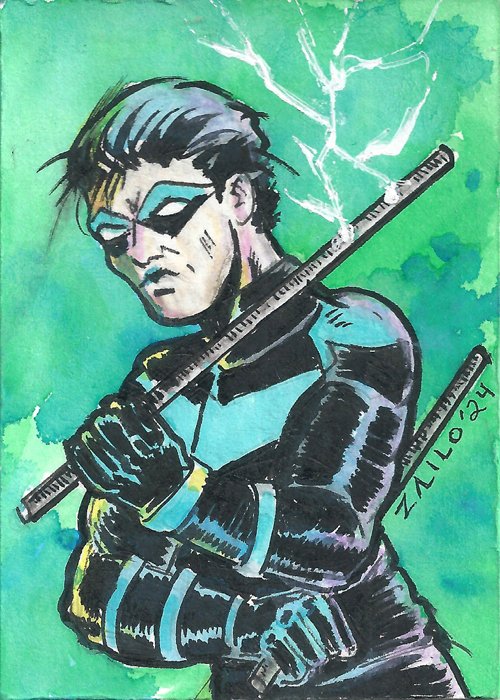 Sketchcard commission, Nightwing. Sold. #zailoart #sketch #sketchcard #atc #watercolor #mixedmedia #comicbookart #dccomics #nightwing