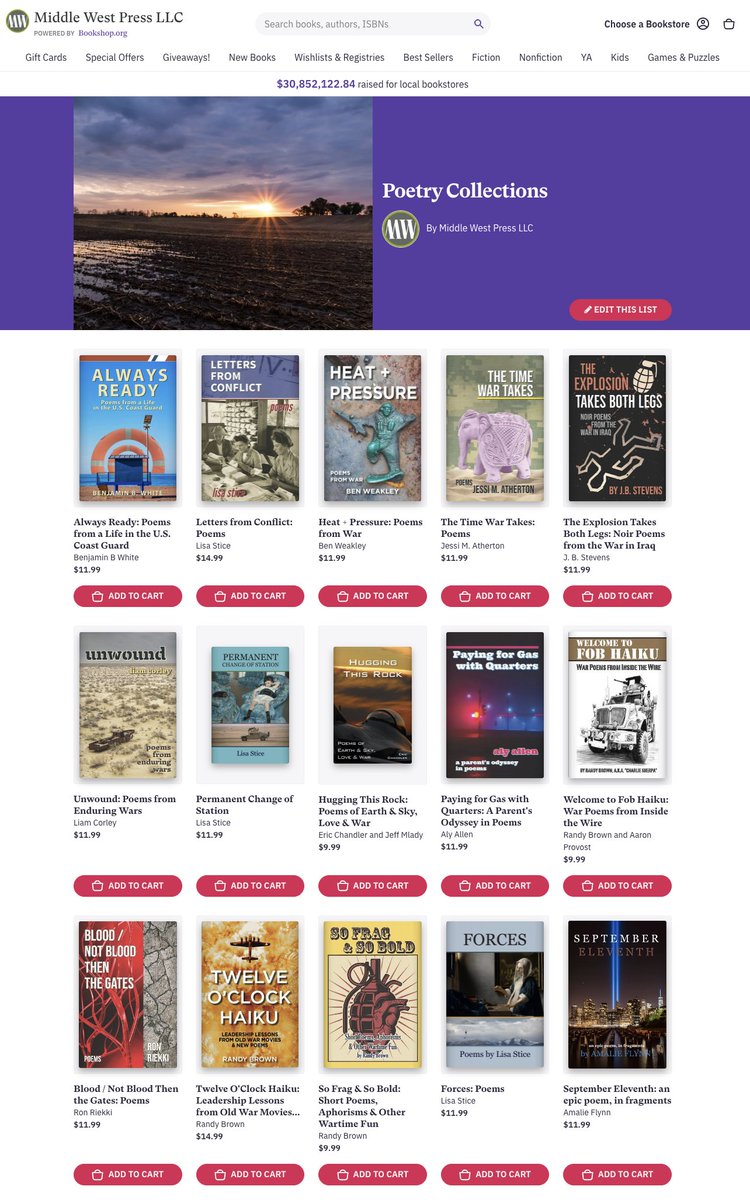 At Middle West Press LLC, we raise the unique voices, experiences, and perspectives of #veterans, #militaryfamilies, Midwesterners, and more! 

Visit our Bookshop affiliate account:
bookshop.org/shop/MiddleWes…

Happy #NationalPoetryMonth !