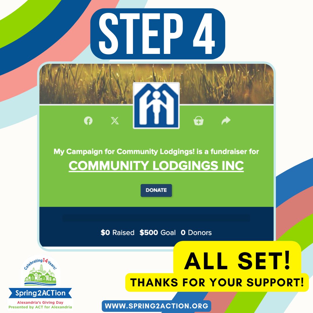 Want to support our Spring2Action fundraiser? 

Create a free agent campaign and support Community Lodgings in 4 easy steps!

*Early giving is April 10-23. The big day is April 24!  

#Spring2Action #ACTforAlexandria #AlexandriaVA #affordablehousing #youtheducation