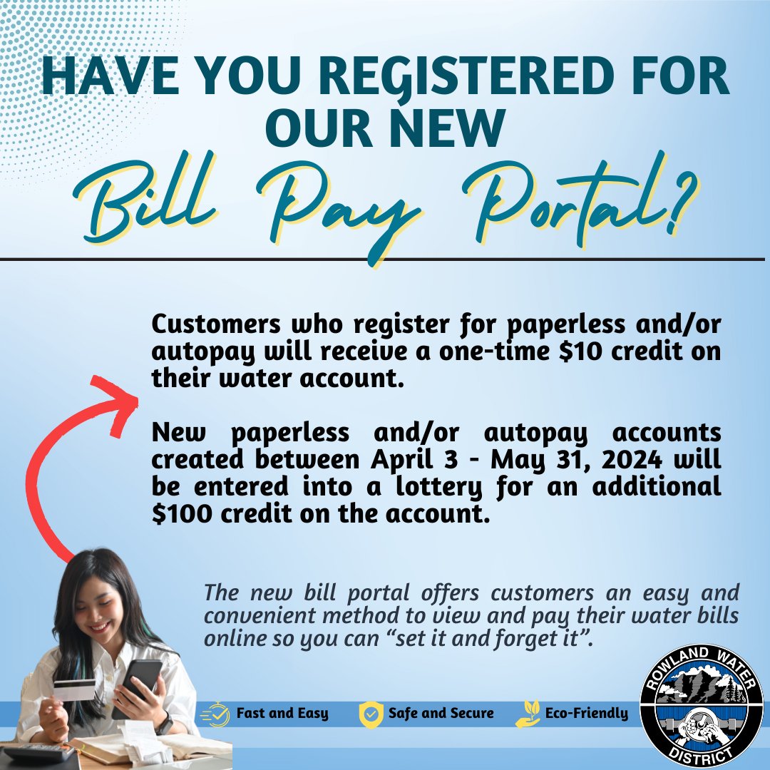 🔊RWD has a NEW bill pay portal. Customers who register for paperless billing and/or autopay between April 3 - May 31 will receive a one-time $10 credit on their water account & will be entered into a lottery for an additional $100 credit! 👉bit.ly/3SWt9N7