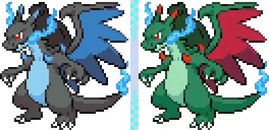 ときどき更新 ポケモン #ドット絵。 本日は #メガリザードンX。Xの名を持つメガシンカは武闘派になりがち。 