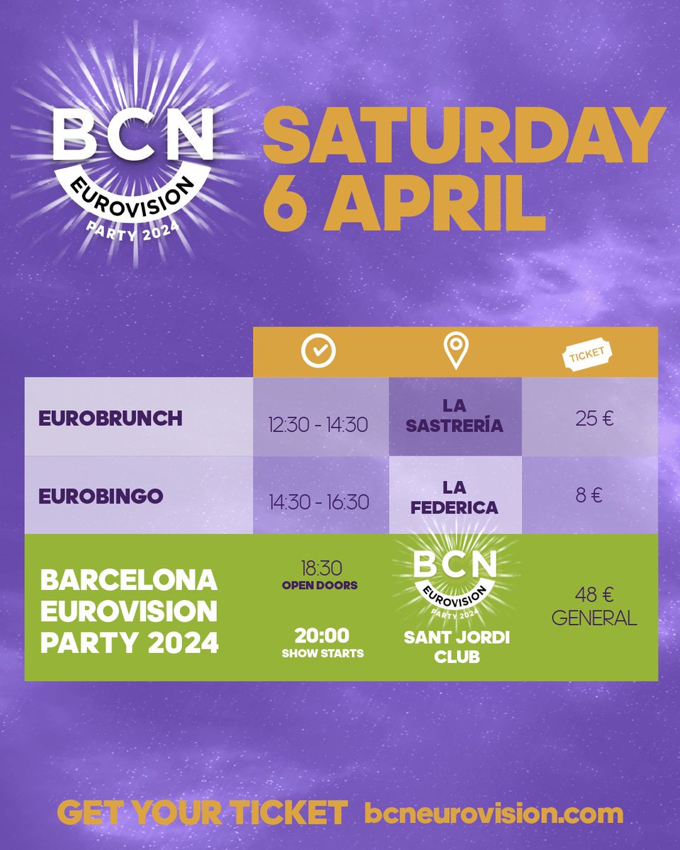 ⚡️ Recordad que además de los eventos de noche tenemos planes de día como brunch, charlas o bingos!!! Consigue tus entradas: ntry.at/bcneurovisiond…🎟️