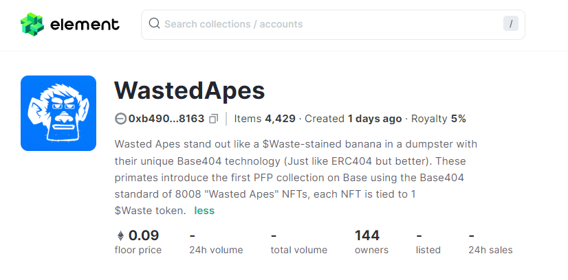 wastedapes's tweet photo. Wasted Apes NFTs can now be traded at @Element_Market 👇 https://t.co/qbqNobPf97

The beauty of #Base404 is you can trade Wasted Apes NFTs at Element Marketplace or $Waste tokens at @Uniswap 👇
https://t.co/o3lnomXalu

#Base #Base404 #ERC404 https://t.co/9X0cYEeTfS