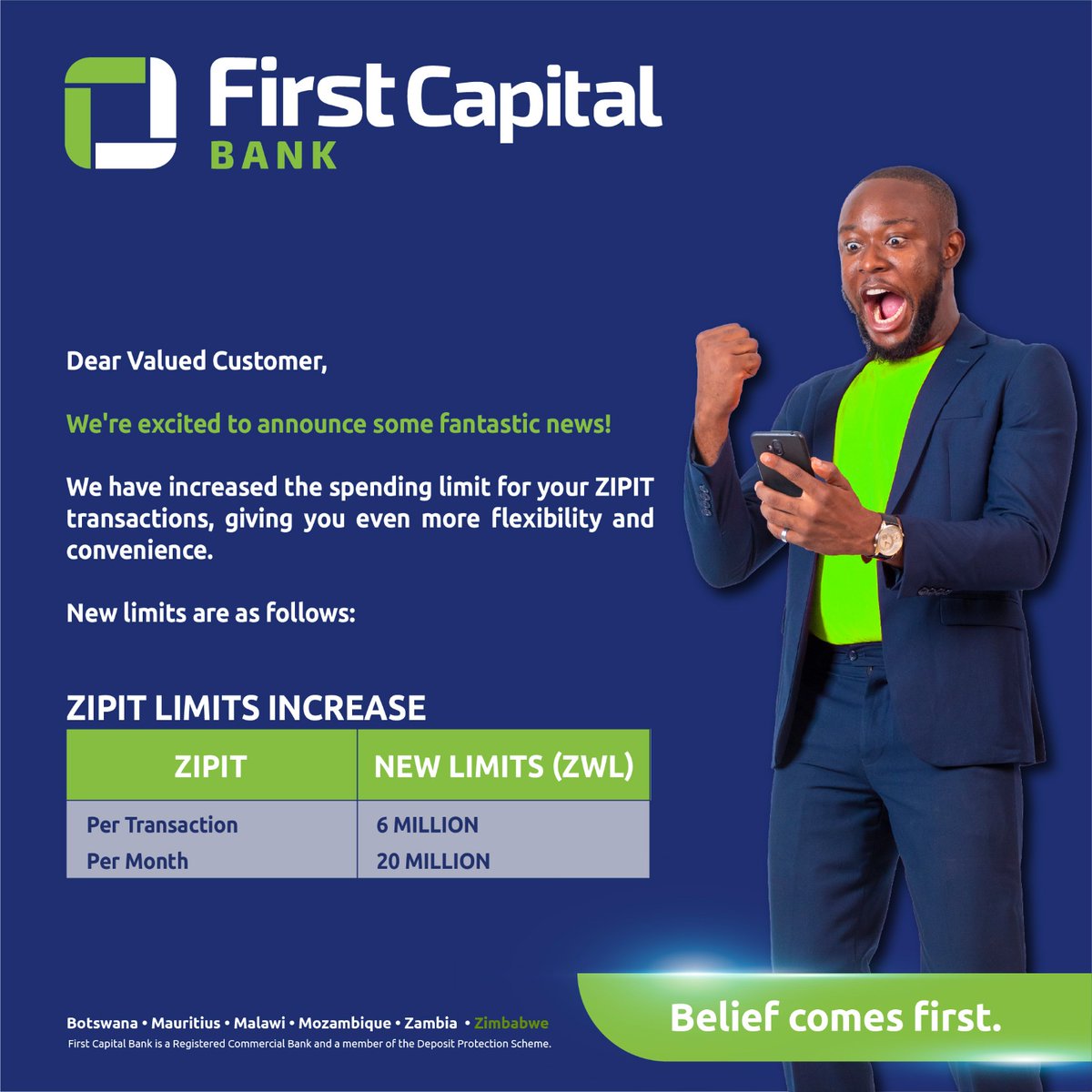We are excited to announce that we have increased the spending limit on ZIPIT Transactions. #BeliefComesFirst