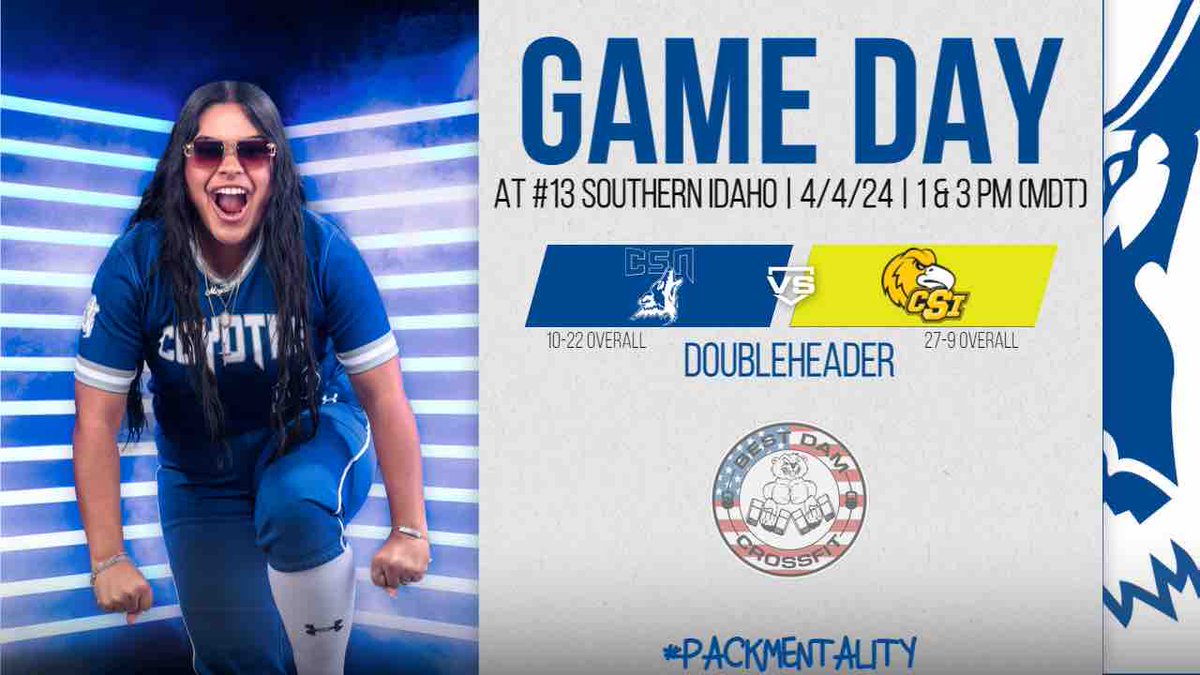 🥎GAMEDAY DOUBLEHEADER🥎 🆚 | #13 Southern Idaho Golden Eagles 📆 | April 4, 2023 ⌚ | 1:00 PM & 3:00 PM (MDT) 🏟️ | First Federal Softball Field 📍 | Twin Falls, ID 📺 | SWAC Network -www.scenicwestnetwork.com/csi/ 🐺🥎 #PackMentality #BeatTheGoldenEagles @csncoyote