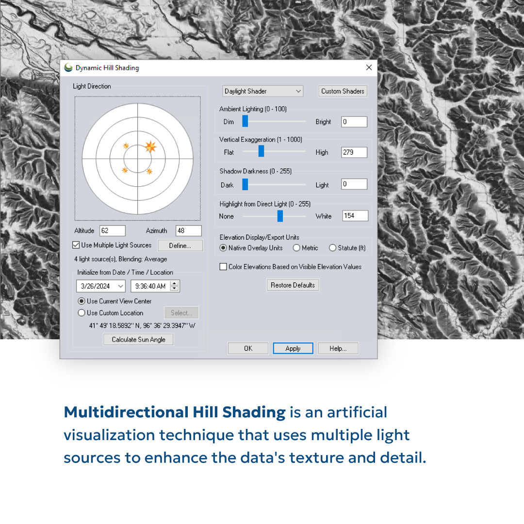 BlueMarbleGeo's tweet image. 🌄 Elevate your map game with our dynamic hill shading tool! Learn how to create stunning visualizations in just a few steps. 
-
#GlobalMapper  #MapVisualization #Cartography #GIS #Geospatial #DataViz #DataVisualization