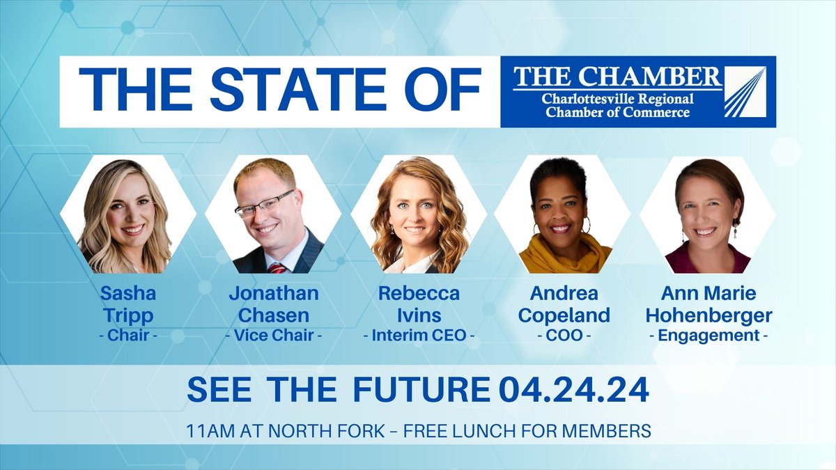 Join us for lunch and see the future of the Chamber! April 24 at North Fork business.cvillechamber.com/events/details… #seethefuture #stateofthechamber #localbusiness #charlottesville #cville #albemarlecountyva