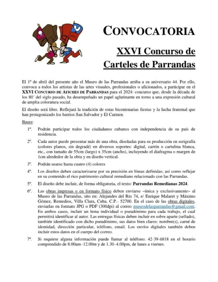CulturaRem's tweet photo. ATENCIÓN!!! 
El Museo de las Parrandas convoca al concurso "Carteles de Parrandas"...
Esperamos sus obras... 

#seguidores #NuestroRemedios #MuseodelPueblo #CubaEsCultura #culturaremedios #CulturaParaTodos #patrimoniodelahumanidad #museos #cultura #Cuba https://t.co/rVdX4nhVur